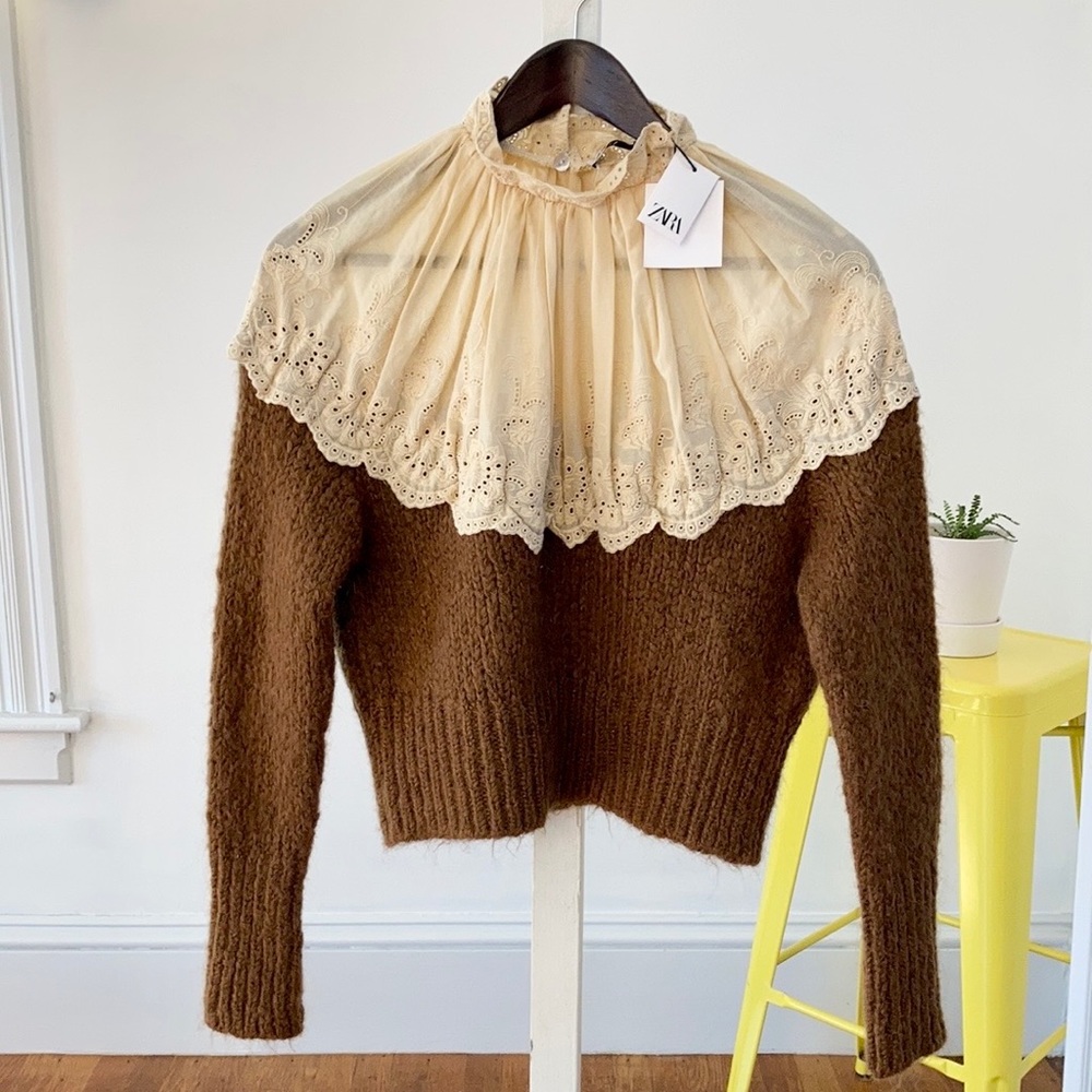 Zara Wool-Blend Broderie Anglaise Sweater